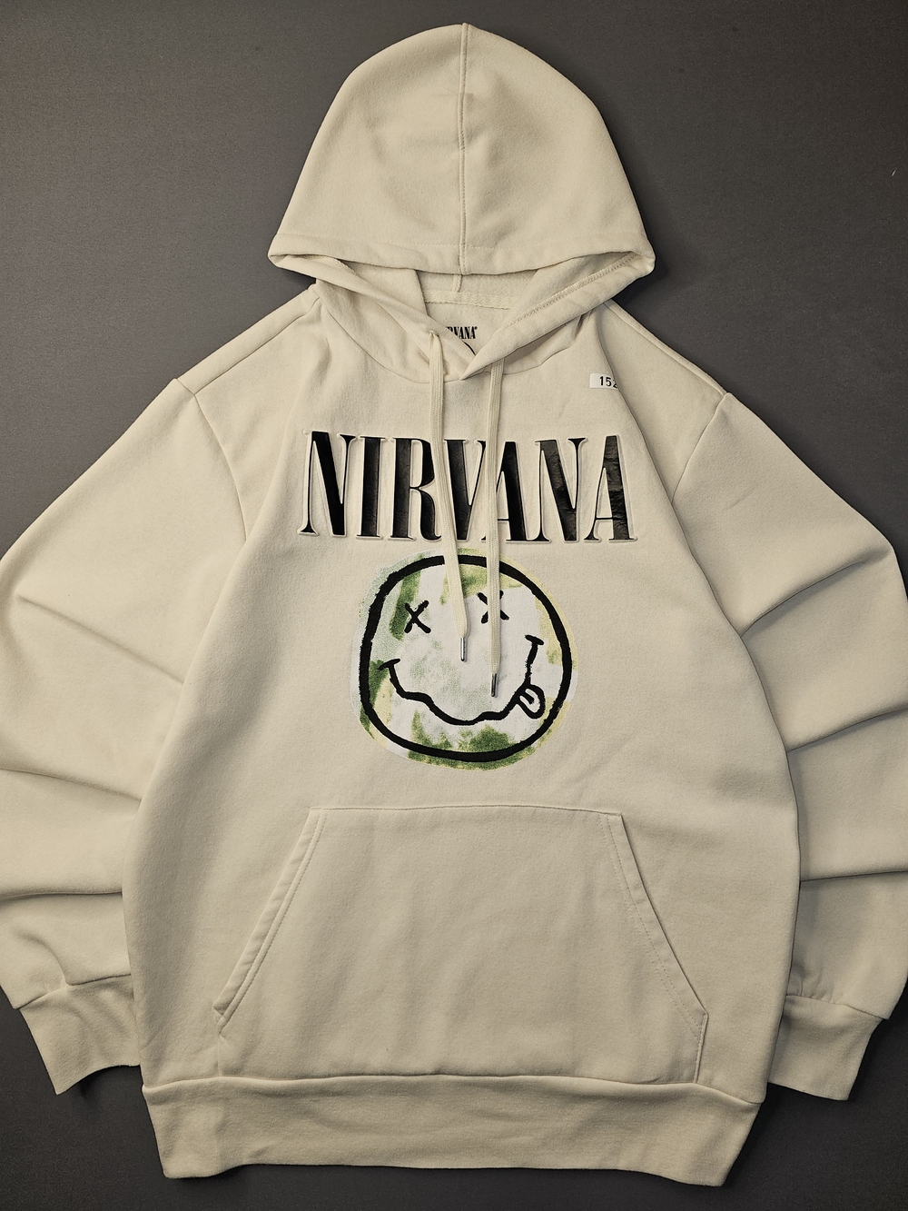Vintage Nirvana Smiley Face Hoodie - Cream / Green Watercolor Graphic